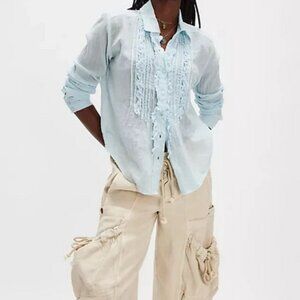 Free People FP One Drew Tuxedo Shirt Ruffle Gauze Button Top